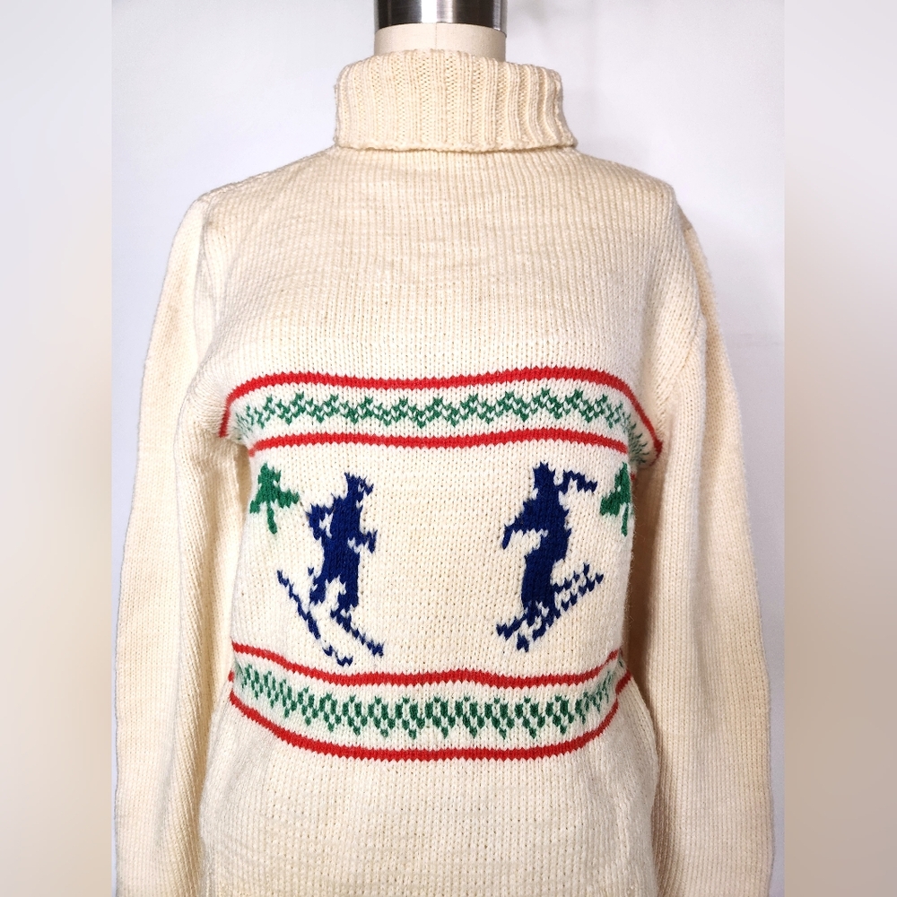 Vintage SKI Knit Sweater - Folklore Sweater - Novelty Knit Skiing Wool 70s XS S - Picture 8 of 8